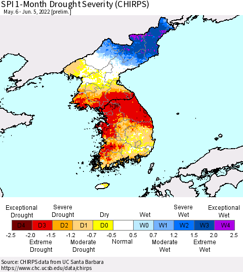 Korea SPI 1-Month Drought Severity (CHIRPS) Thematic Map For 5/6/2022 - 6/5/2022