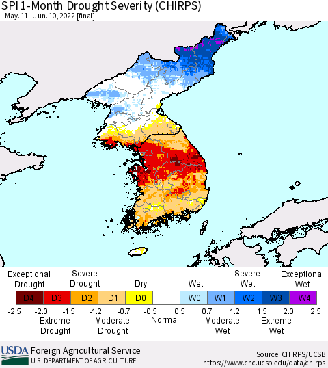 Korea SPI 1-Month Drought Severity (CHIRPS) Thematic Map For 5/11/2022 - 6/10/2022