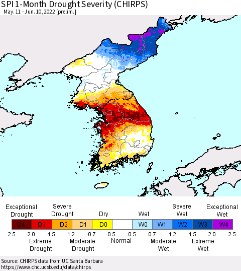 Korea SPI 1-Month Drought Severity (CHIRPS) Thematic Map For 5/11/2022 - 6/10/2022