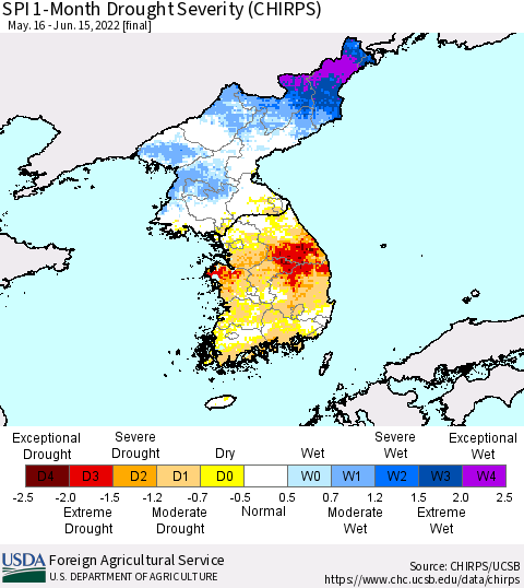Korea SPI 1-Month Drought Severity (CHIRPS) Thematic Map For 5/16/2022 - 6/15/2022