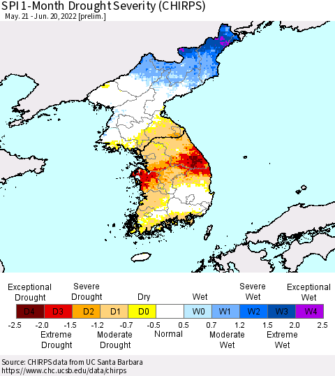 Korea SPI 1-Month Drought Severity (CHIRPS) Thematic Map For 5/21/2022 - 6/20/2022