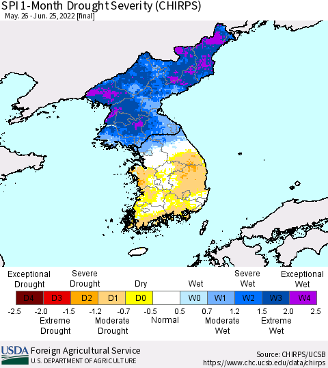 Korea SPI 1-Month Drought Severity (CHIRPS) Thematic Map For 5/26/2022 - 6/25/2022
