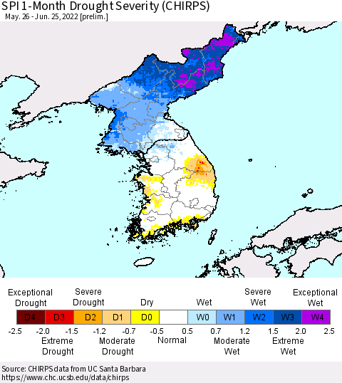 Korea SPI 1-Month Drought Severity (CHIRPS) Thematic Map For 5/26/2022 - 6/25/2022