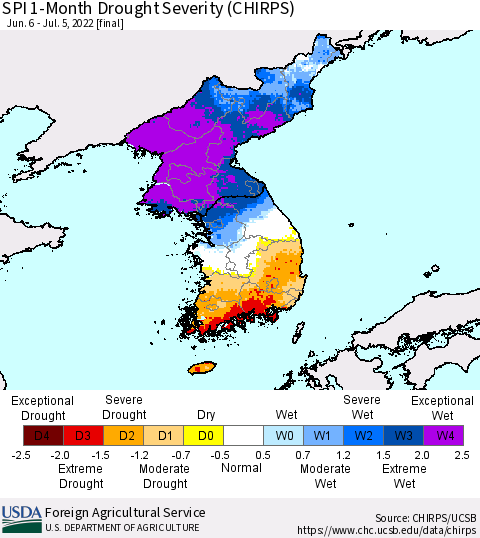 Korea SPI 1-Month Drought Severity (CHIRPS) Thematic Map For 6/6/2022 - 7/5/2022