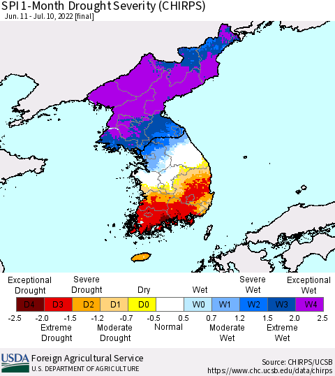 Korea SPI 1-Month Drought Severity (CHIRPS) Thematic Map For 6/11/2022 - 7/10/2022