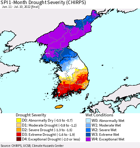 Korea SPI 1-Month Drought Severity (CHIRPS) Thematic Map For 6/11/2022 - 7/10/2022