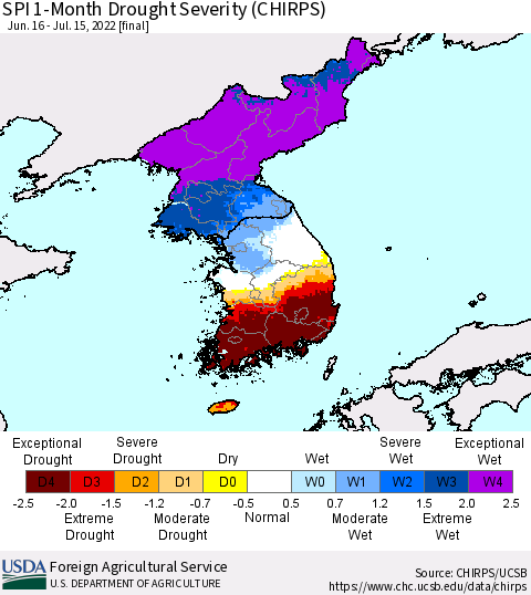 Korea SPI 1-Month Drought Severity (CHIRPS) Thematic Map For 6/16/2022 - 7/15/2022