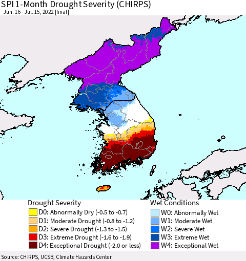 Korea SPI 1-Month Drought Severity (CHIRPS) Thematic Map For 6/16/2022 - 7/15/2022