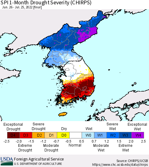 Korea SPI 1-Month Drought Severity (CHIRPS) Thematic Map For 6/26/2022 - 7/25/2022