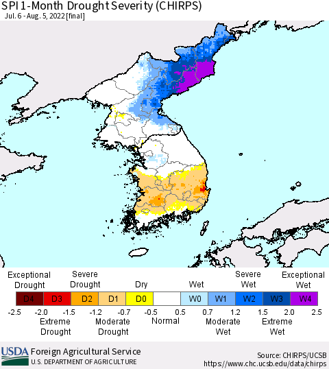 Korea SPI 1-Month Drought Severity (CHIRPS) Thematic Map For 7/6/2022 - 8/5/2022
