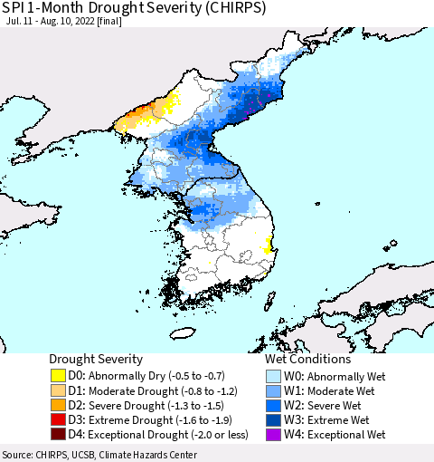 Korea SPI 1-Month Drought Severity (CHIRPS) Thematic Map For 7/11/2022 - 8/10/2022