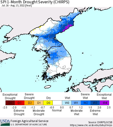 Korea SPI 1-Month Drought Severity (CHIRPS) Thematic Map For 7/16/2022 - 8/15/2022