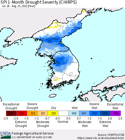 Korea SPI 1-Month Drought Severity (CHIRPS) Thematic Map For 7/26/2022 - 8/25/2022