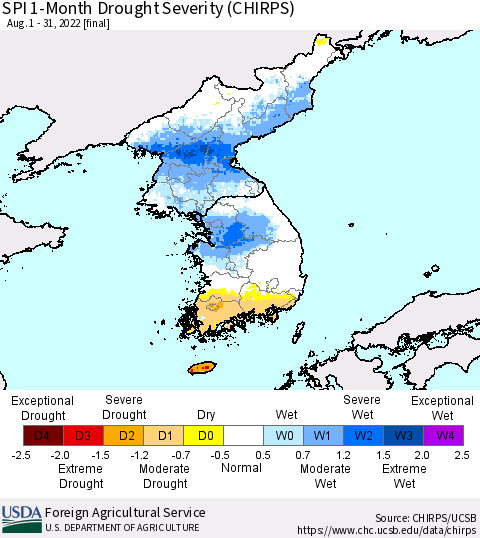 Korea SPI 1-Month Drought Severity (CHIRPS) Thematic Map For 8/1/2022 - 8/31/2022