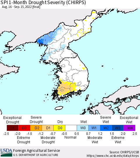 Korea SPI 1-Month Drought Severity (CHIRPS) Thematic Map For 8/16/2022 - 9/15/2022