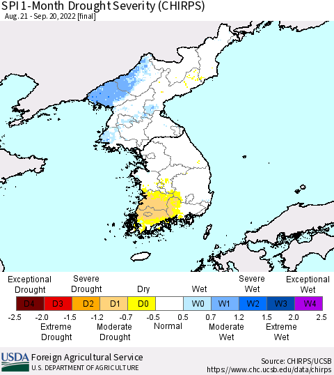 Korea SPI 1-Month Drought Severity (CHIRPS) Thematic Map For 8/21/2022 - 9/20/2022