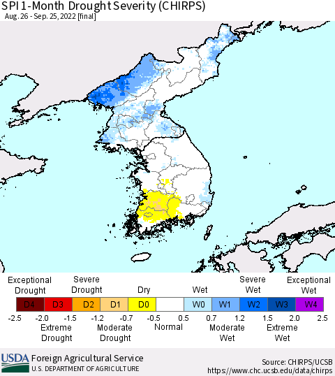 Korea SPI 1-Month Drought Severity (CHIRPS) Thematic Map For 8/26/2022 - 9/25/2022