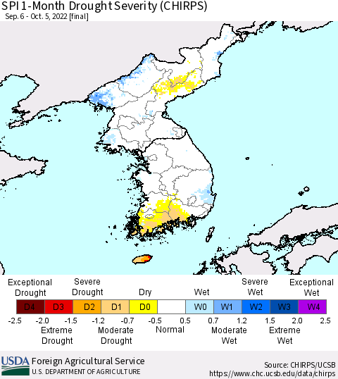 Korea SPI 1-Month Drought Severity (CHIRPS) Thematic Map For 9/6/2022 - 10/5/2022