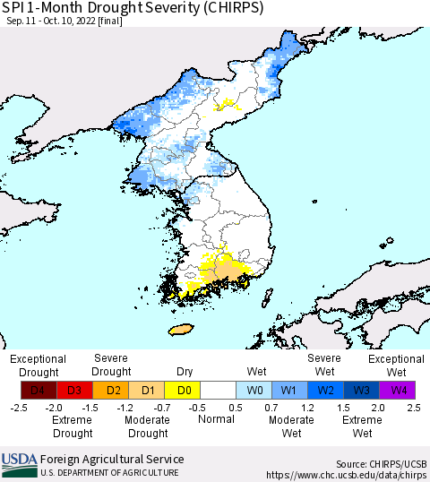 Korea SPI 1-Month Drought Severity (CHIRPS) Thematic Map For 9/11/2022 - 10/10/2022