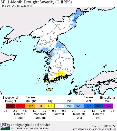 Korea SPI 1-Month Drought Severity (CHIRPS) Thematic Map For 9/16/2022 - 10/15/2022