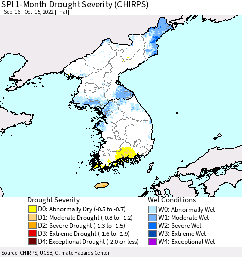 Korea SPI 1-Month Drought Severity (CHIRPS) Thematic Map For 9/16/2022 - 10/15/2022