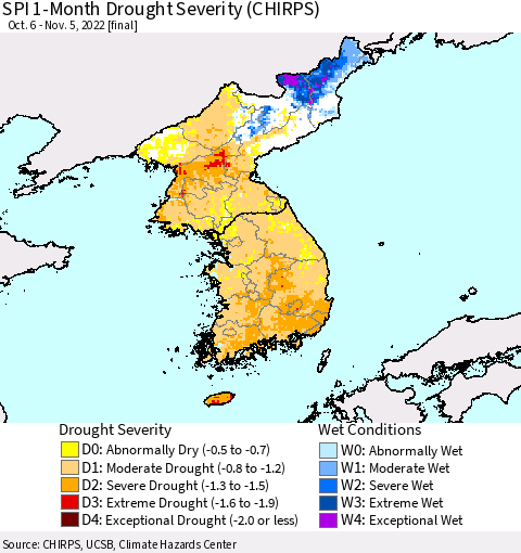 Korea SPI 1-Month Drought Severity (CHIRPS) Thematic Map For 10/6/2022 - 11/5/2022