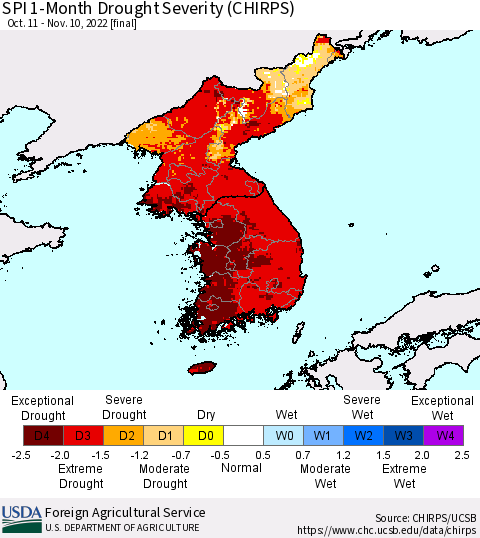 Korea SPI 1-Month Drought Severity (CHIRPS) Thematic Map For 10/11/2022 - 11/10/2022