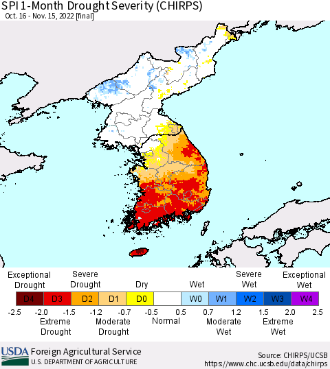 Korea SPI 1-Month Drought Severity (CHIRPS) Thematic Map For 10/16/2022 - 11/15/2022