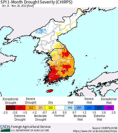 Korea SPI 1-Month Drought Severity (CHIRPS) Thematic Map For 10/21/2022 - 11/20/2022