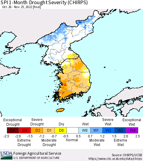 Korea SPI 1-Month Drought Severity (CHIRPS) Thematic Map For 10/26/2022 - 11/25/2022