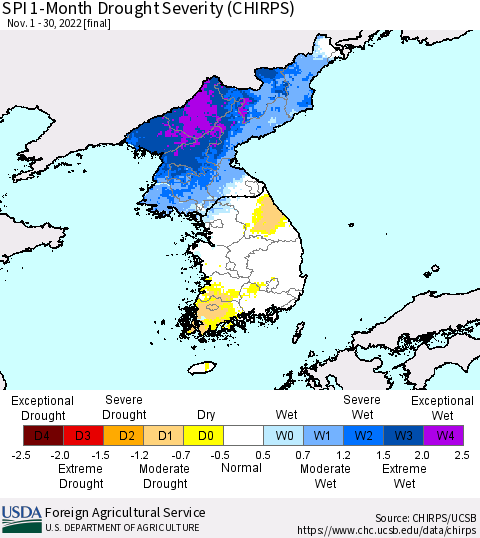 Korea SPI 1-Month Drought Severity (CHIRPS) Thematic Map For 11/1/2022 - 11/30/2022