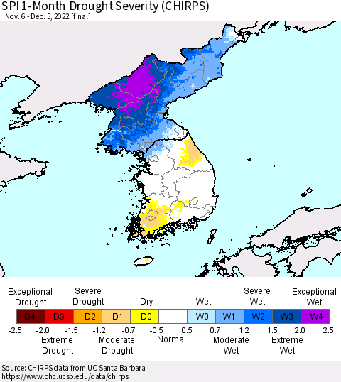Korea SPI 1-Month Drought Severity (CHIRPS) Thematic Map For 11/6/2022 - 12/5/2022