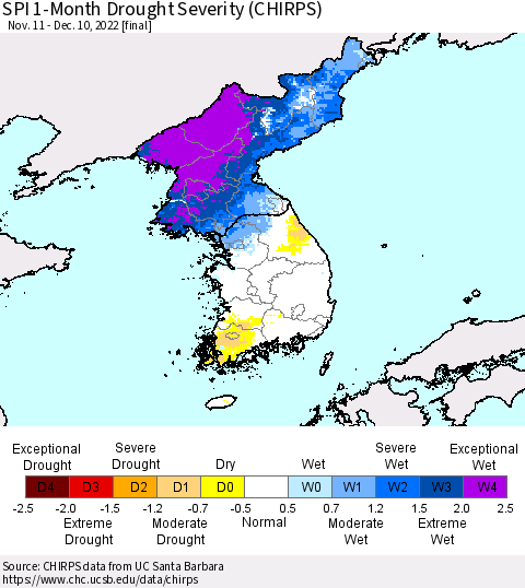 Korea SPI 1-Month Drought Severity (CHIRPS) Thematic Map For 11/11/2022 - 12/10/2022