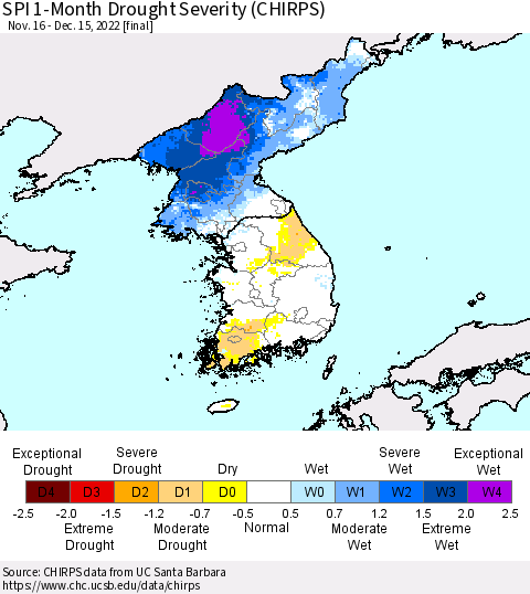 Korea SPI 1-Month Drought Severity (CHIRPS) Thematic Map For 11/16/2022 - 12/15/2022