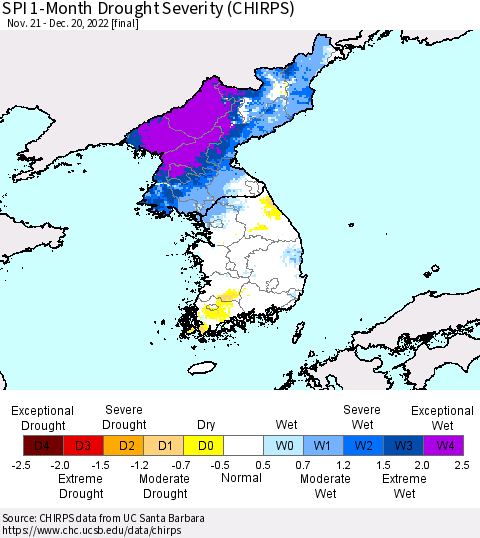 Korea SPI 1-Month Drought Severity (CHIRPS) Thematic Map For 11/21/2022 - 12/20/2022