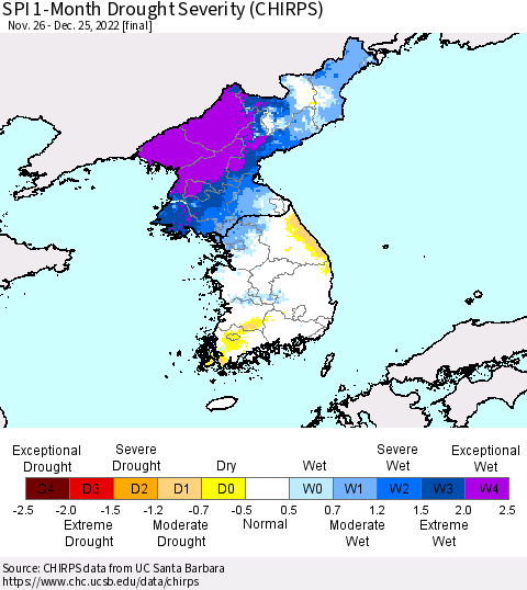 Korea SPI 1-Month Drought Severity (CHIRPS) Thematic Map For 11/26/2022 - 12/25/2022