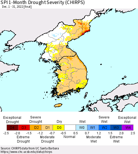 Korea SPI 1-Month Drought Severity (CHIRPS) Thematic Map For 12/1/2022 - 12/31/2022