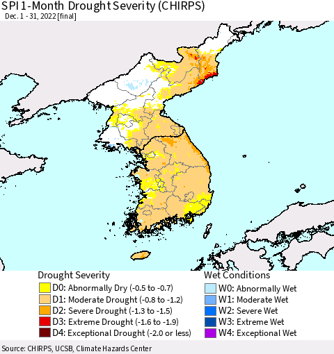 Korea SPI 1-Month Drought Severity (CHIRPS) Thematic Map For 12/1/2022 - 12/31/2022