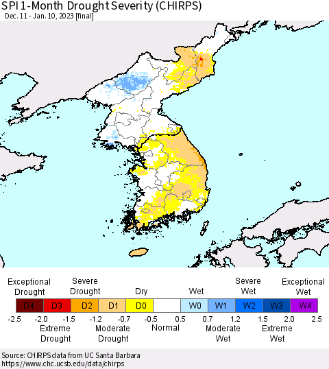 Korea SPI 1-Month Drought Severity (CHIRPS) Thematic Map For 12/11/2022 - 1/10/2023