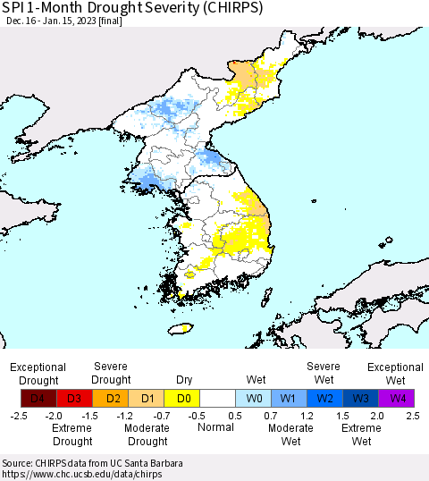 Korea SPI 1-Month Drought Severity (CHIRPS) Thematic Map For 12/16/2022 - 1/15/2023