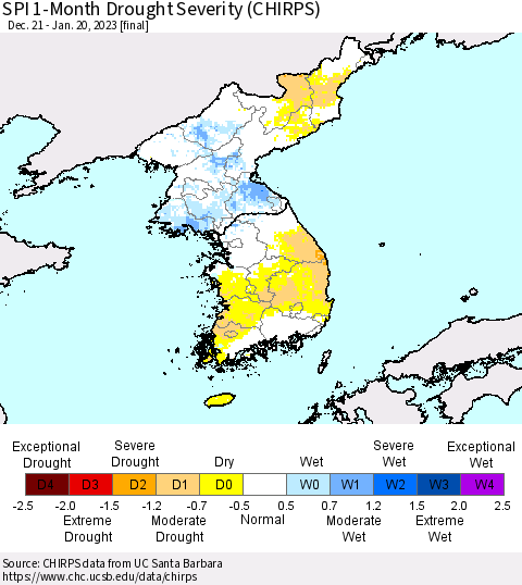 Korea SPI 1-Month Drought Severity (CHIRPS) Thematic Map For 12/21/2022 - 1/20/2023