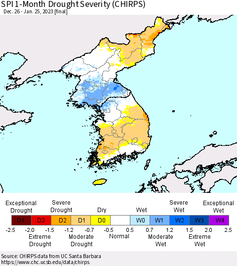 Korea SPI 1-Month Drought Severity (CHIRPS) Thematic Map For 12/26/2022 - 1/25/2023