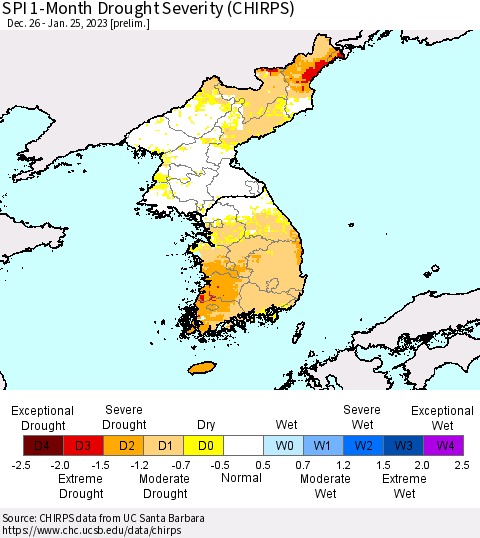 Korea SPI 1-Month Drought Severity (CHIRPS) Thematic Map For 12/26/2022 - 1/25/2023