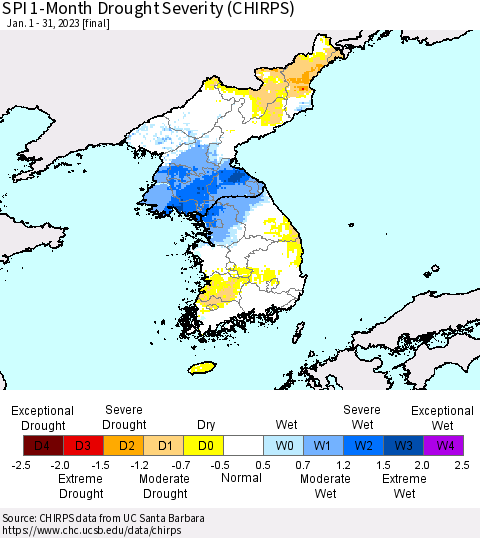 Korea SPI 1-Month Drought Severity (CHIRPS) Thematic Map For 1/1/2023 - 1/31/2023