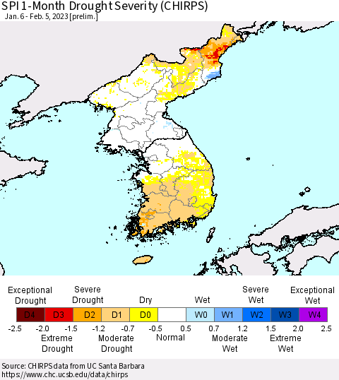 Korea SPI 1-Month Drought Severity (CHIRPS) Thematic Map For 1/6/2023 - 2/5/2023