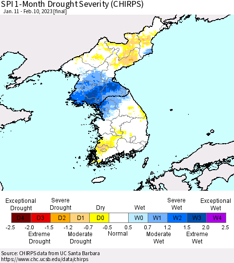 Korea SPI 1-Month Drought Severity (CHIRPS) Thematic Map For 1/11/2023 - 2/10/2023