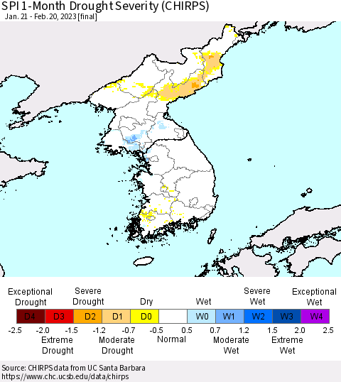 Korea SPI 1-Month Drought Severity (CHIRPS) Thematic Map For 1/21/2023 - 2/20/2023