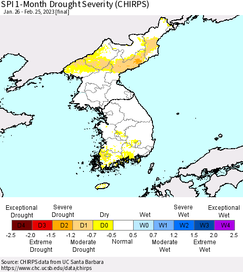 Korea SPI 1-Month Drought Severity (CHIRPS) Thematic Map For 1/26/2023 - 2/25/2023