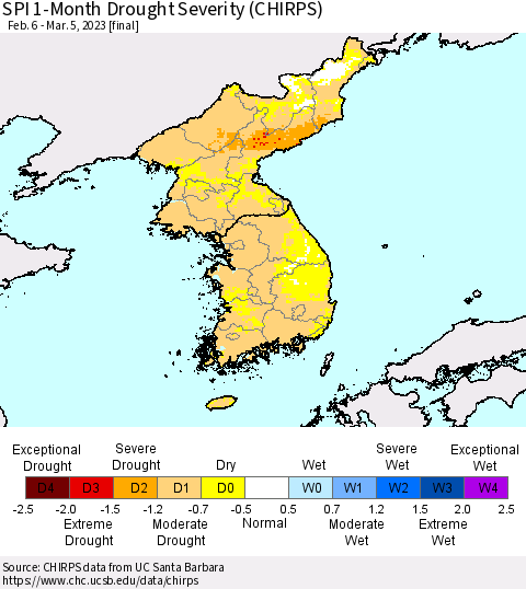 Korea SPI 1-Month Drought Severity (CHIRPS) Thematic Map For 2/6/2023 - 3/5/2023