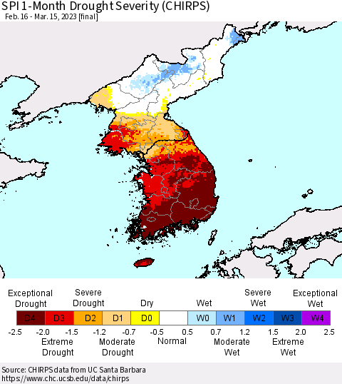 Korea SPI 1-Month Drought Severity (CHIRPS) Thematic Map For 2/16/2023 - 3/15/2023
